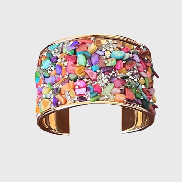 Multicolor Stone Embellished Gold Cuff Bracelet - Picture 3 of 10